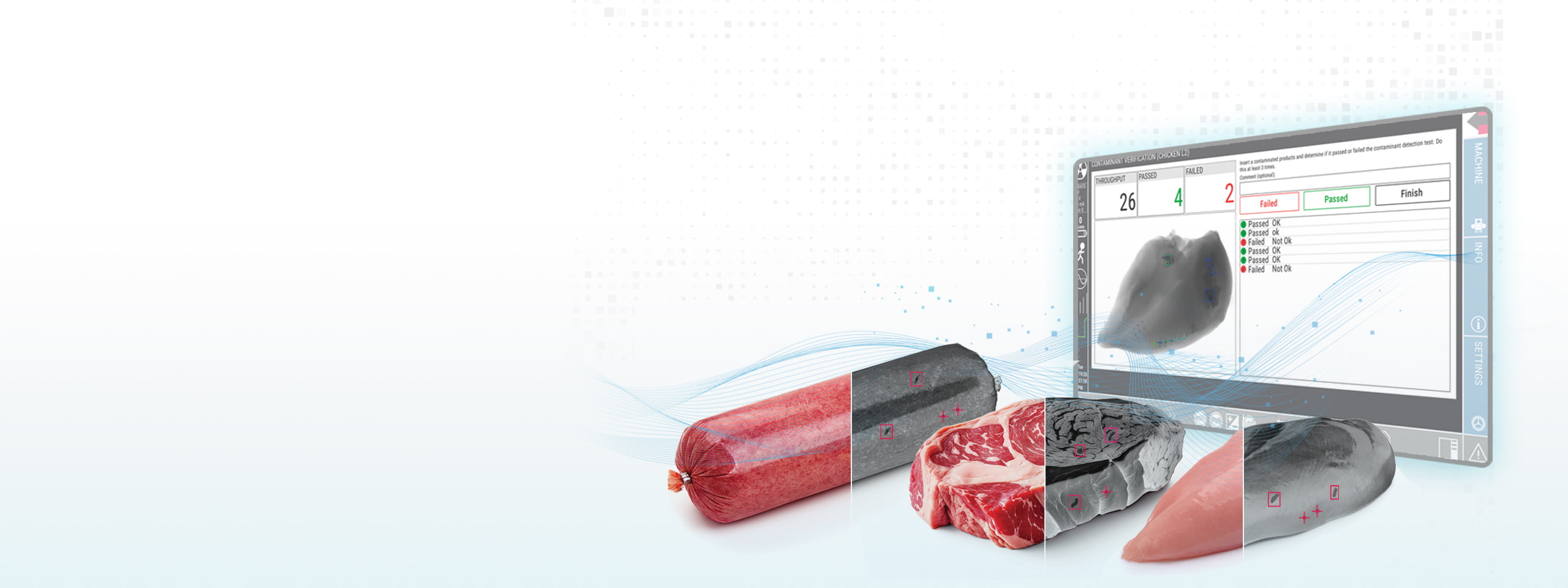 Computer next to cuts of meat